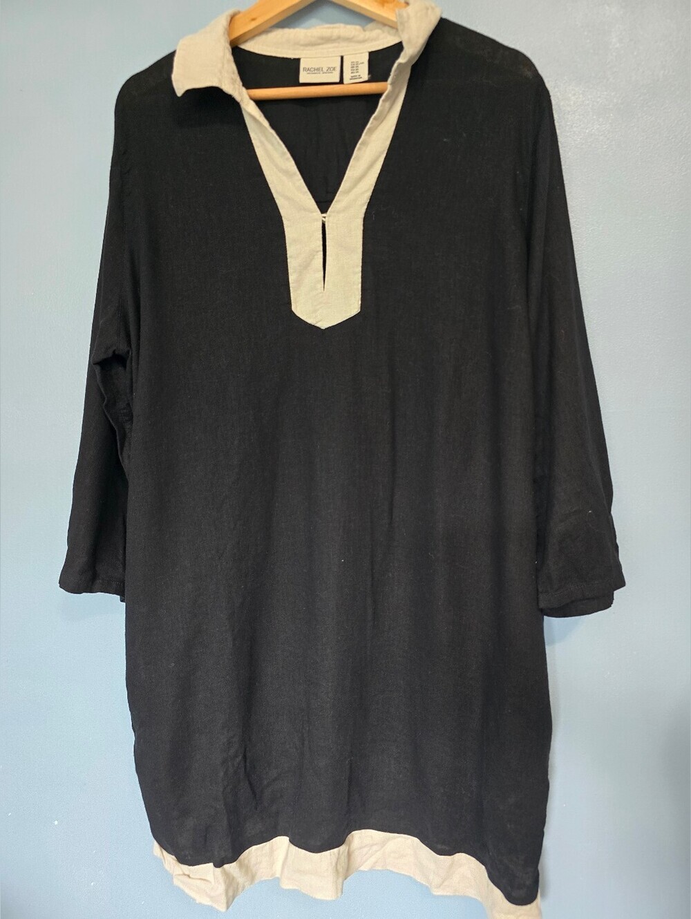 Rachel Zoe Linen Blend Black Tunic with Cream Collar and Hem Trim XL *read